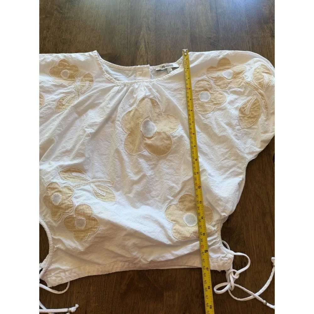 Madewell Gingham Floral Applique Puff Sleeve Drawstring Top White Yellow XXS